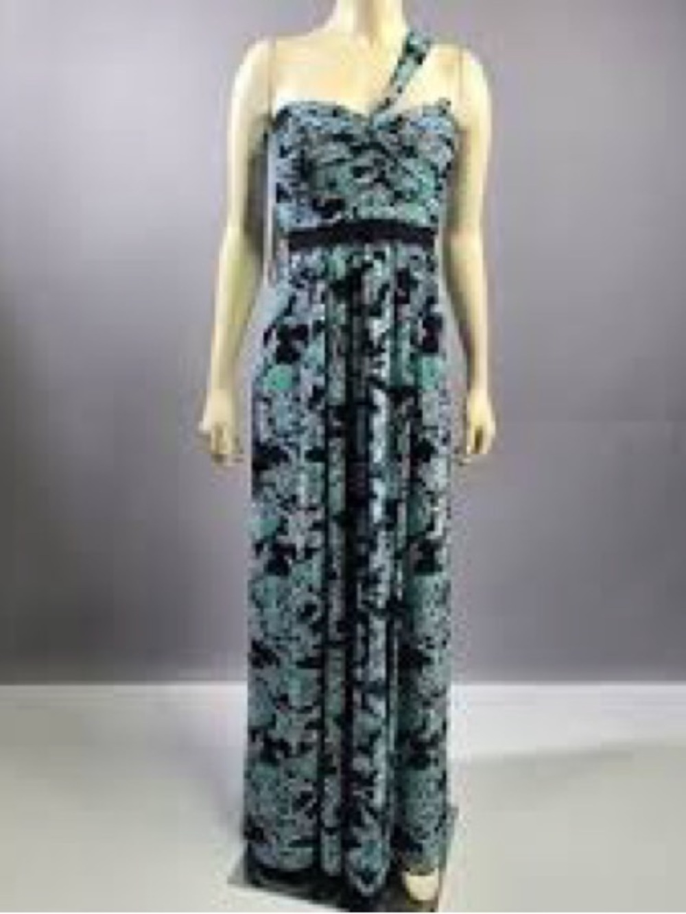 BCBGMaxAzria Teal and Black One-Shoulder Printed Maxi Dress 12